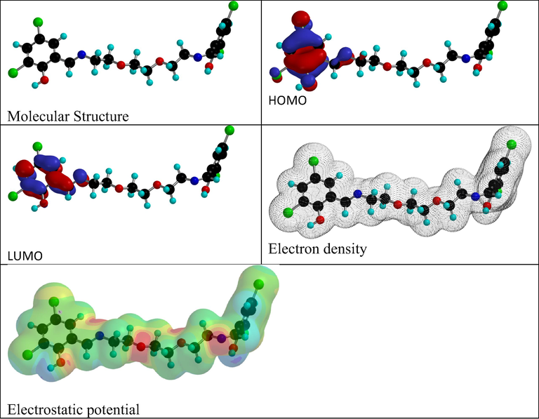 The molecular structure, electron density, HOMO, LUMO and electrostatic potential of H2L ligand.