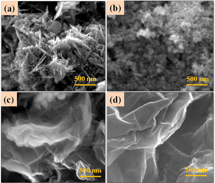 FESEM images of (a) ZnO; (b) CuO; (c) GO; (d) rGO.