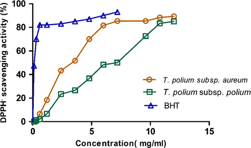 DPPH free radical scavenging activity of T. polium subsp aureum and T. polium subsp polium. BHT was used as reference.