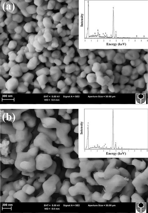 FESEM photomicrographs with EDS spectra for (a) pure, (b) In-doped, and (c) In-Cr co-doped TiO2 nanopowders following SRD experiments.