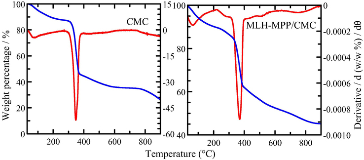 TGA/DTG thermograms of CMC and MLH-MPP/CMC nanocomposite.