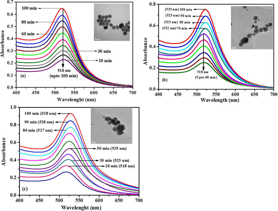 The time dependent AuNP-PANI growth using (a) 10 µL, (b) 25 µL and (c) 50 µL aniline. The spectra were recorded every 10 min. Insert showing the TEM images after adding (a) 10 µL, (b) 25 µL and (c) 50 µL aniline onto AuNPs. The scale bar is 20 nm.