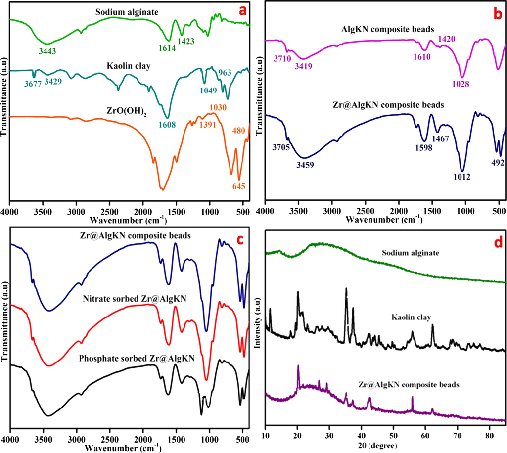 FTIR spectra of (a) sodium alginate, kaolin clay and hydro assisted ZrO(OH)2, (b) AlgKN and Zr@AlgKN composite beads, (c) Zr@AlgKN composite beads, nitrate sorbed Zr@AlgKN and phosphate sorbed Zr@AlgKN composite beads, and (d) XRD images of sodium alginate, kaolin clay and hydro assisted Zr@AlgKN composite beads.