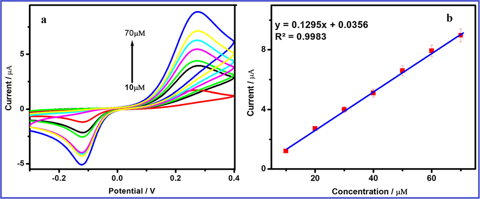 (a) Cyclic voltammetric response of FeWO4/SnO2/Nf immobilized modified GC electrode varying 10 µM HQ concentration in the range from 10 to 70 µM in 0.1 M PBS (pH = 7) and 7 (b) Inset: calibration plot in concentration vs current.