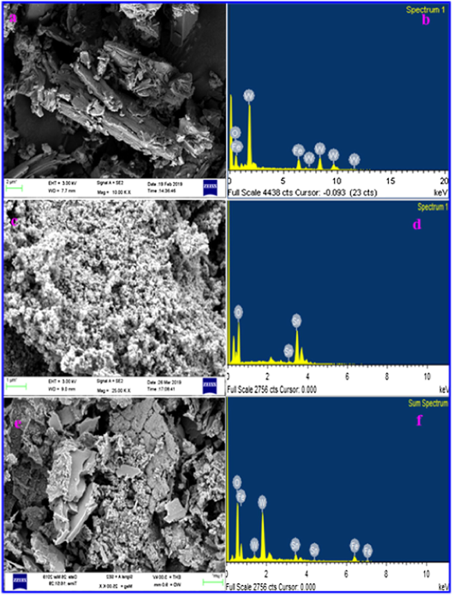 FE-SEM image of (a) FeWO4, (b) SnO2 and (c) FeWO4 /SnO2 with EDAX image of (d) FeWO4, (e) SnO2 and (f) FeWO4/SnO2 nanocomposite.