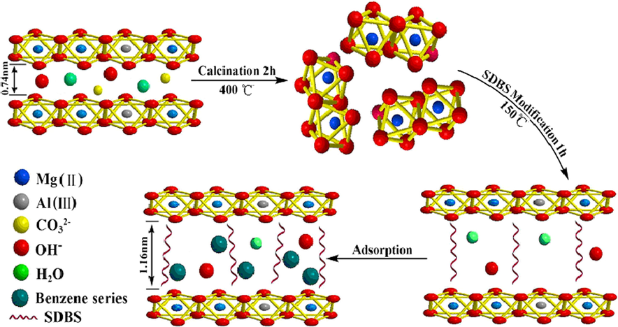 Preparation and adsorption process of Mg/Al-SDBS-LDH.