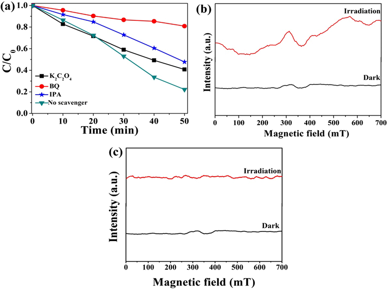 (a) Photodegradation of RhB over S3 sample with different quenchers; ESR spectra of radical actives trapped by DMPO for S3 sample: (b) DMPO- •O2−: (c) DMPO- •OH.