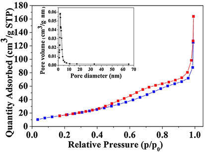 Nitrogen adsorption-desorption isotherms and pore size distribution curves (inset) of the S3 sample.