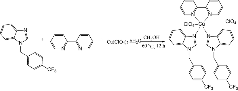 Synthesis of the [Cu(benzimCF3)2(bipy)(ClO4)](ClO4) complex.