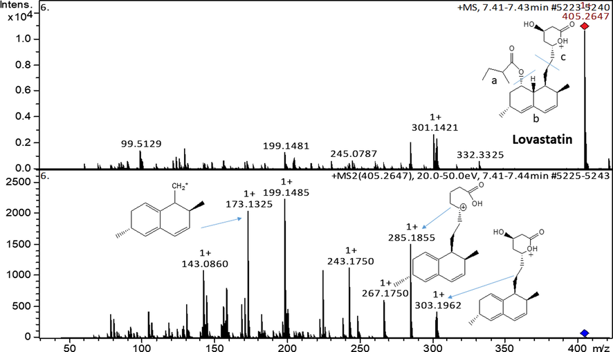 ESI-MS spectra of lovastatin and fragments at MS2.