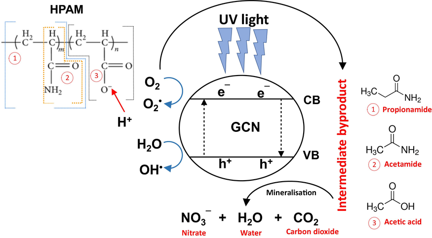 Proposed mechanism of photocatalytic degradation of HPAM using GCN/PAN nanofibres under UV light forming benign compound.