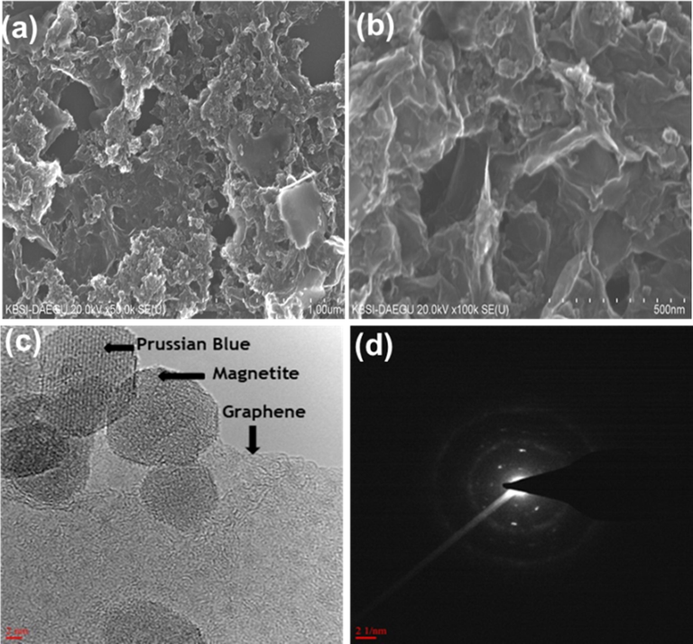 SEM images of 3D-MPBRGO with different magnification (a, b) and TEM image with SAED pattern (c, d).