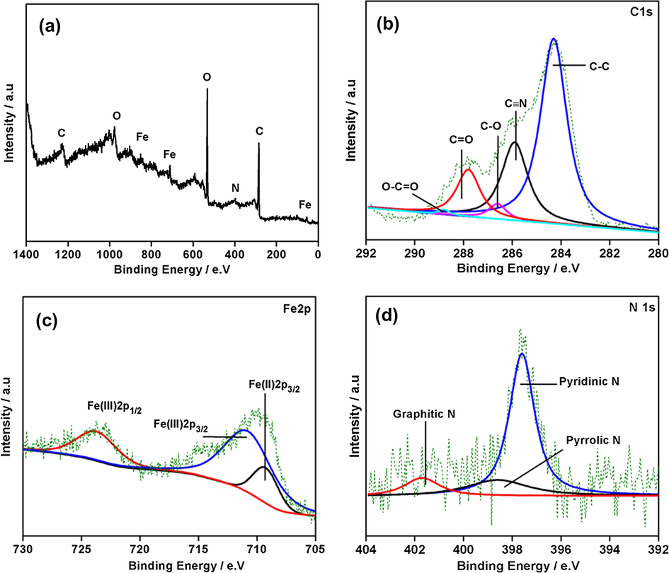 (a) XPS detailed survey of aerogel (b) C1s (c) Fe2p and (d) N1s peak profile.