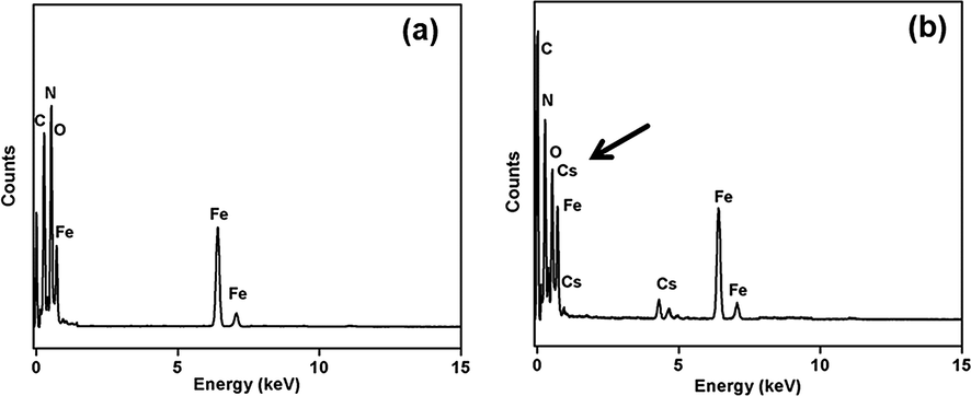 HR-TEM EDX of Cs over aerogel (a) before and (b) after adsorption process.