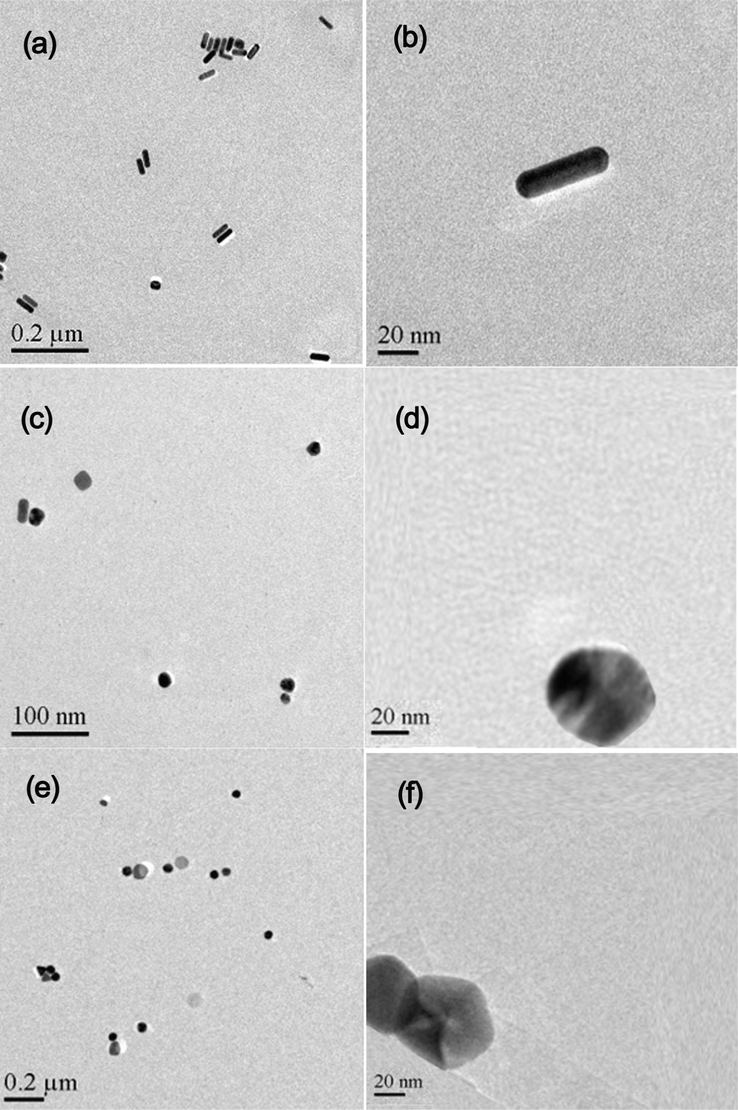 TEM images of Au nanopartiles with different mophologies: nanorods (a and b), nanospheres (c and d) and nanopentogons (e and f).