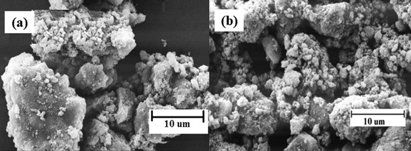 SEM mesoporous structures of (a) NiFe2O4 and (b) Ni0.3Zn0.7Fe2O4 ferrites.