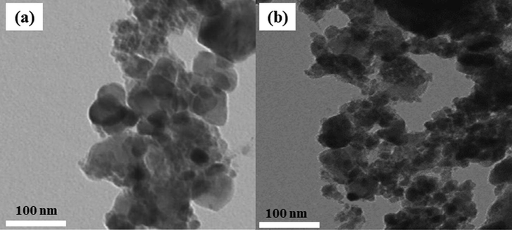 Transmission electron microscopy (TEM) of (a) NiFe2O4 and (b) Ni0.3Zn0.7Fe2O4 ferrites.