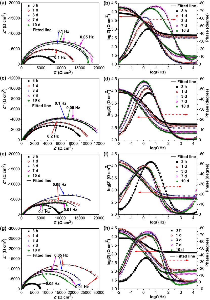 Nyquist diagrams and Bode plots of the steel electrode in 5% CO2/N2-containing wet soil with varied thicknesses (a, b) 3 mm, (c, d) 5 mm, (e, f) 10 mm, (g, h) 15 mm. The black lines represent the fitted results.