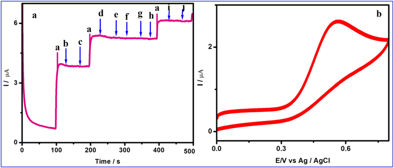 (A) Amperometric response for V2O5/PVA/G-C3N4/GCE to successive addition of 10 µM (a) FA in the presence of 200-fold excess of concentrations of (b), L-Valine, (c) L-serine, (d) L-leucine, (e) L-threonine, (f) L- methionine, (g) L-histidine, (h) L-arginine, (i) Ascorpic acid and (j) Dopamine with homogenous stirred with 0.1 M PBS (pH 7.0). (B) Cyclic voltammetric response of V2O5/PVA/G-C3N4/GCE (30 cycles) confirming the stability of the sensor system in 50 µM L-tyrosine containing 0.1 M (pH = 7) PBS.