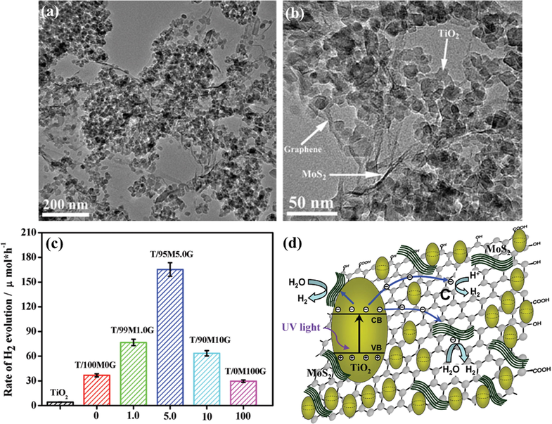 (a,b) TEM image of TiO2/95 M5.0G hybrid structure. (c) Comparison of H2 evolution rate by various catalysts. (d) Schematic representation of the photocatalytic reaction mechanism for the TiO2/MoS2/graphene system under visible light illumination (Xiang et al., 2012).