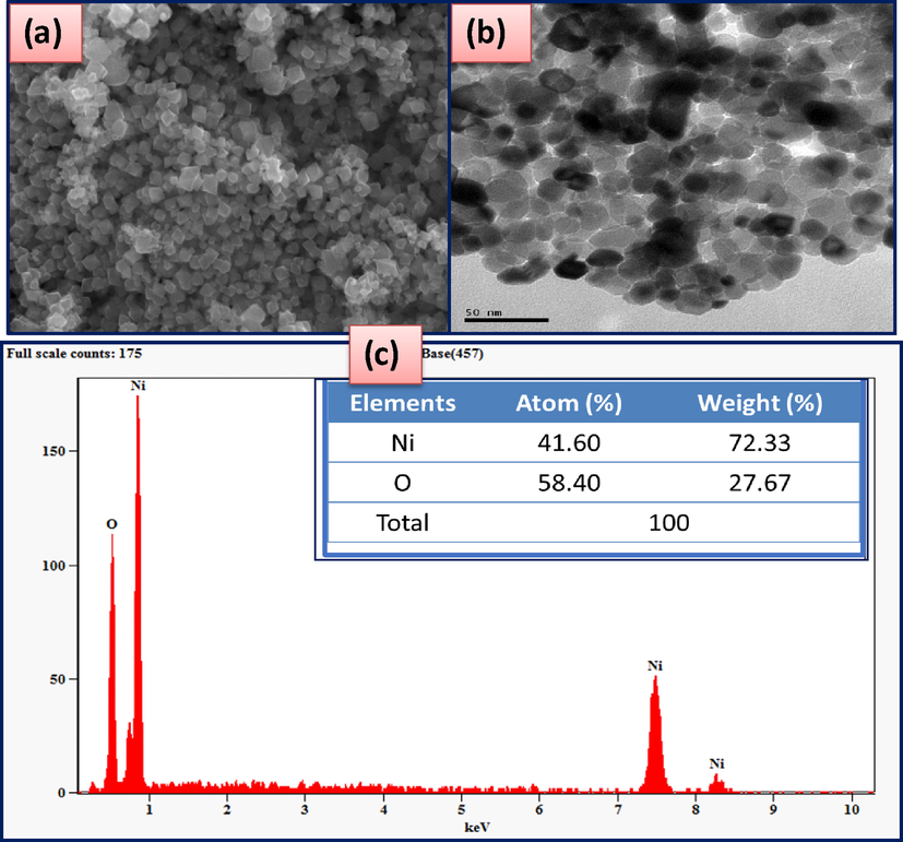 Show the morphological features of biosynthesized NiO NPs (a) SEM micrograph (b) TEM images (c) EDAX.