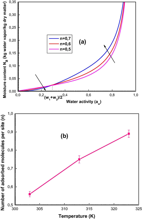 Interpretation of the steric parameter number of adsorbed molecules per site n: (a) Influence of n on the shapes of sorption isotherms, (b) Evolution of n as function of temperature.