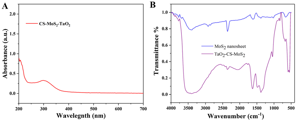 (A) UV–Vis spectrum of TaO2-CS-MoS2 nanosheet and (B) FTIR spectra of MoS2 and TaO2-CS-MoS2 nanosheet.