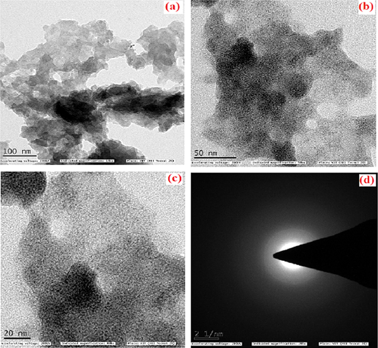 TEM images of PANI–IA–Fe3O4 magnetic nanocomposite (a), Au@PANI–IA–Fe3O4 magnetic nanocomposite (b), HRTEM of Au@PANI–IA–Fe3O4 magnetic nanocomposite (c), and SAED of Au@PANI–IA–Fe3O4 magnetic nanocomposite (d).