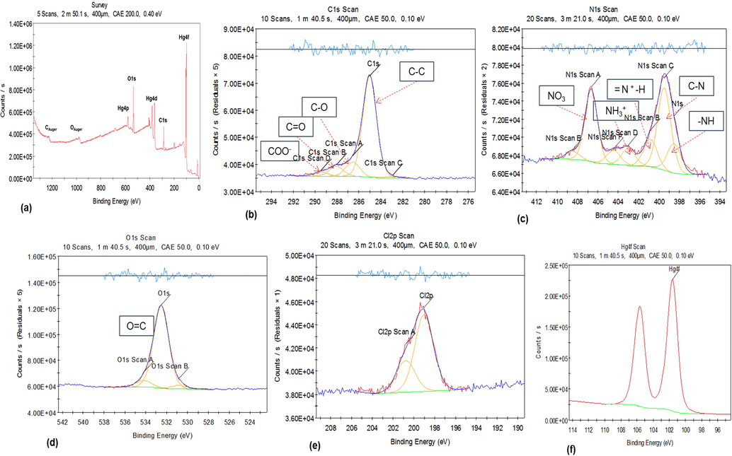 XPS spectra of (a) region spectroscopy (b) C1s, (c) N1s, (d) O1s, (e) Cl2p and (f) Hg4f of CPII treated with Hg(NO3)2. Data was processed using Thermo Avantage 5934 software.