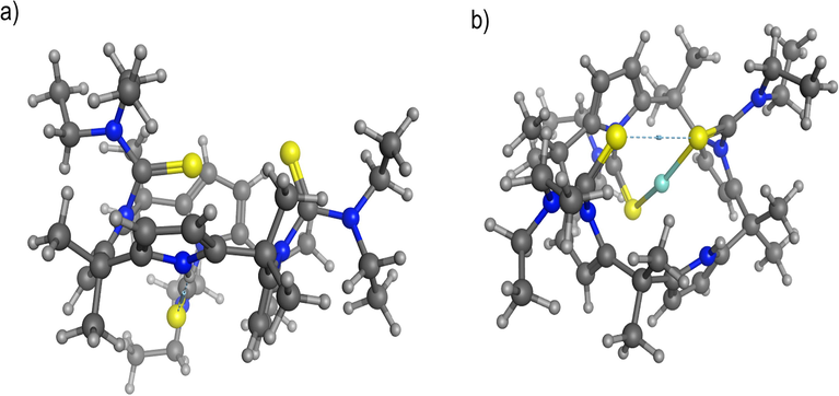 (a) Lowest energy conformation of the ligand after low mode MD search (energy = 1061 kJ/mol) in ball and stick rendering (C = black, H = white, S = yellow and N = blue). (b) CP II with mercury bound, also in ball and stick rendering (Hg = light blue) (energy = 1096 kJ/mol). Energies calculated using the MMFF94X force field.