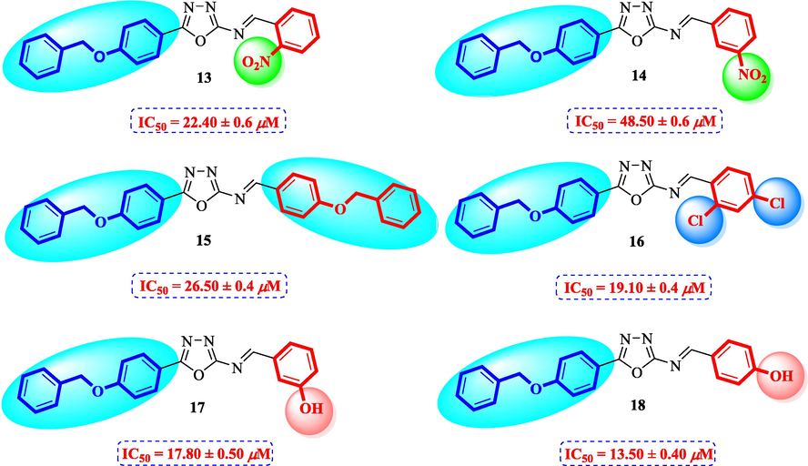 Structure-activity relationship of compounds 13, 14, 15, 16, 17, and 18.