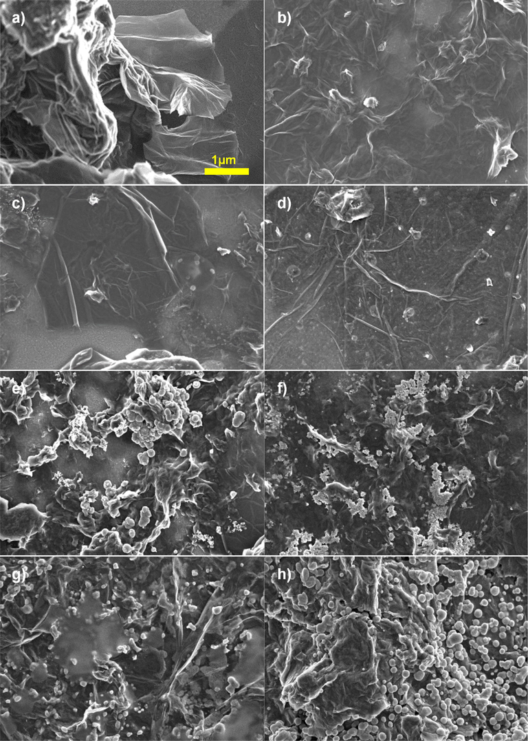 FESEM images of (a) pure rGO and NiS-rGO prepared at various NiCl2 concentrations, (b) 0.02, (c) 0.04, (d) 0.06, (e) 0.08, (f) 0.10, (g) 0.12 and (h) 0.14 M at × 10,000 magnifications.