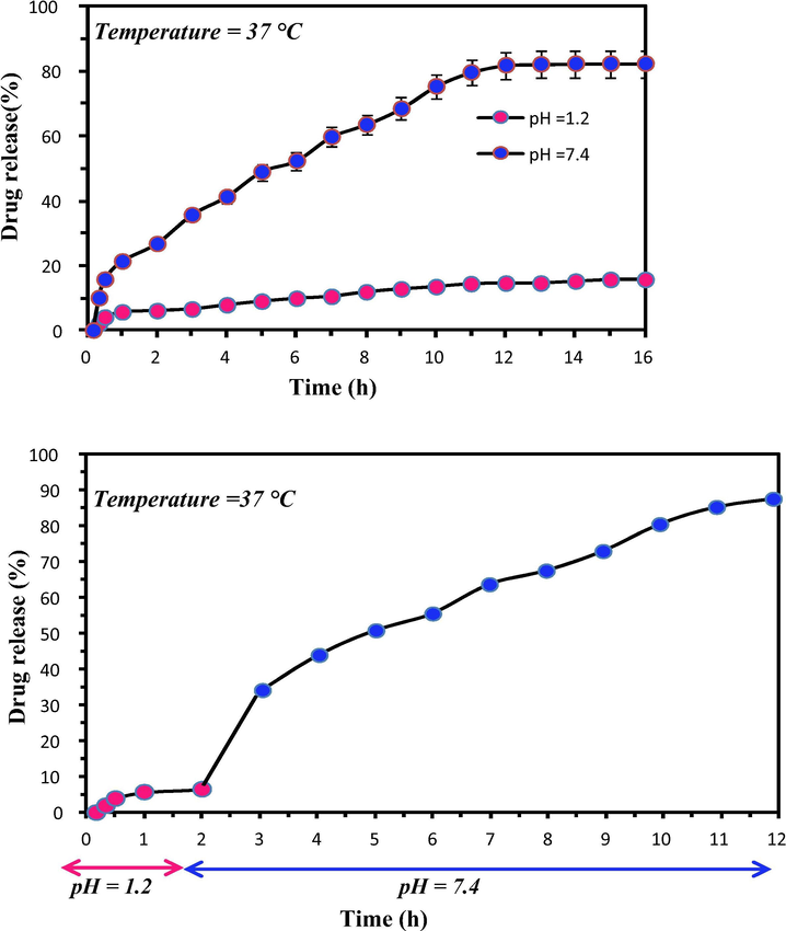 The in vitro release profile at pH 1.2 and 7.4.