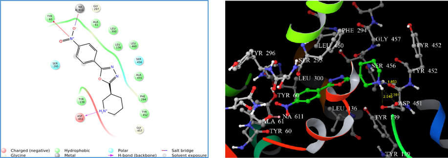 (A) 2D interaction diagram of compound 4i. (B) Docking of compound 4i on homology modelled GAT1 GABA transporter and hydrogen bonded with ASP 451 shown as yellow dash.