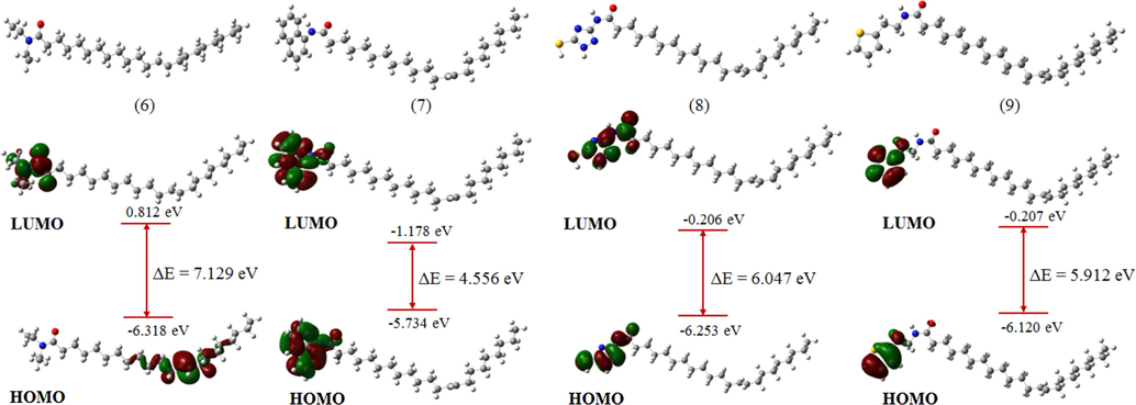 Optimized geometries and frontier orbital distributions of molecules (6) to (9) at B3LYP/6-31g(d).