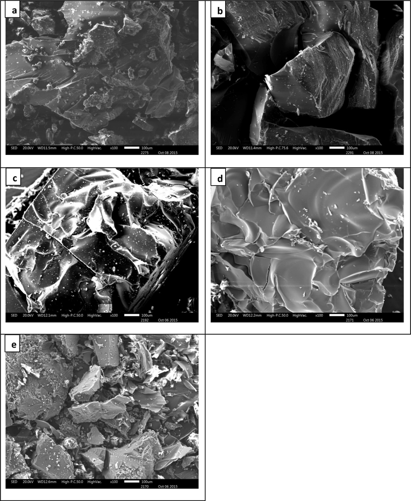 SEM images of asphaltenes (a) EC-AR: (b) EC-VR, (c) EC-VR 400 °C, (d) EC-VR 415 °C (e) EC-VR 430 °C.