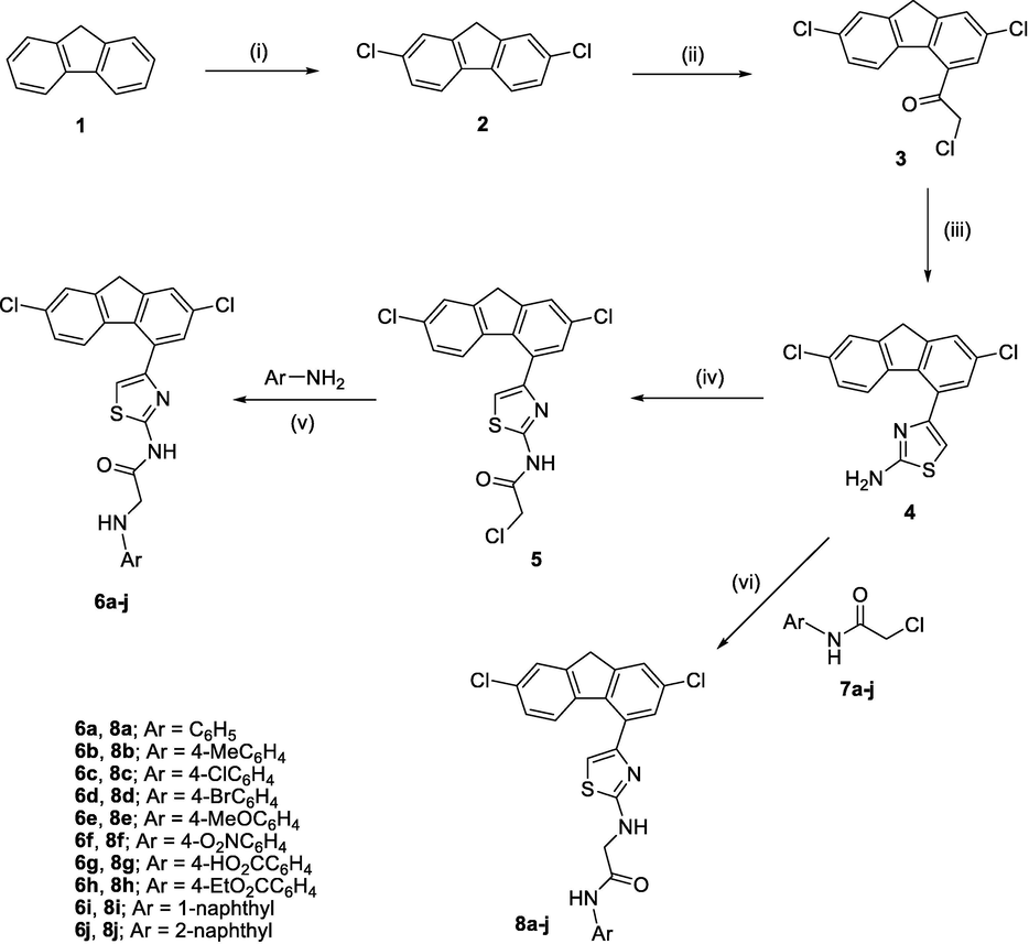 Synthetic routes to the target compounds 6a-j and 8a-j. Reagents and conditions: (i) NCS, AcOH/ HCl, rt; (ii) ClCH2COCl, AlCl3, DCM, 0–5 °C; (iii) thiourea, EtOH, reflux, then aq. NaHCO3; (iv) ClCH2COCl, DMF, rt; (v) EtOH, reflux; (vi) EtOH/ Et3N, reflux.