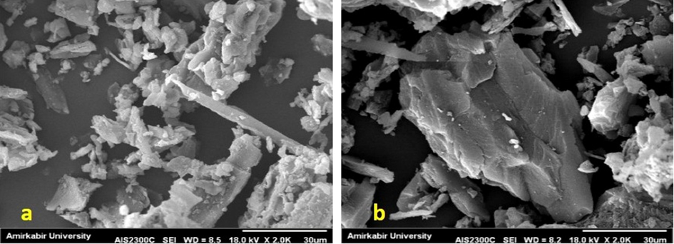 a) SEM of grape stalks powder before adsorption b) SEM of activated carbon blended with grape stalks powder before adsorption.