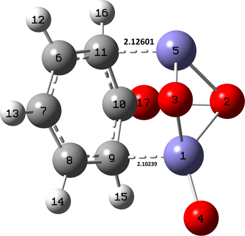 Optimized structure of the phenol-α-Fe2O3 complex in aqueous solution calculated at the CPCM/B3LYP with LANL2DZ basis set for Fe atoms and 6–311++G(d,p) basis set for other atoms.