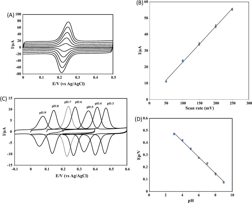 (A) CVs of 1.0 × 10−7 M CGA at NbNPs/CNTs/GCE in 0.1 M PBS at pH 7.0. Scan rate: 50 mV/s, 100 mV/s, 150 mV/s, 200 mV/s, 250 mV/s (bottom to top). (B) A plot of anodic peak currents of CGA versus scan rate. (C) CVs of 1.0 × 10−7 M CGA at NbNPs/CNTs/GCE in 0.1 M PBS at various pH values. Scan rate: 50 mV/s. (D) A plot of anodic peak potentials of CGA versus solution pH.