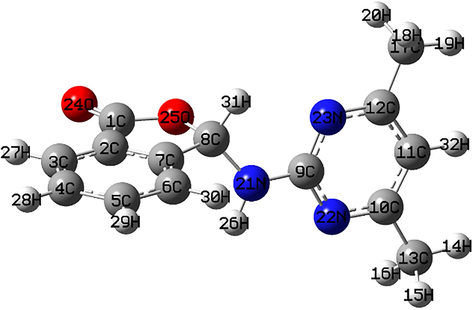 Theoretically (B3LYP/6-311G (d,p)) and experimentally numbered compound 1.