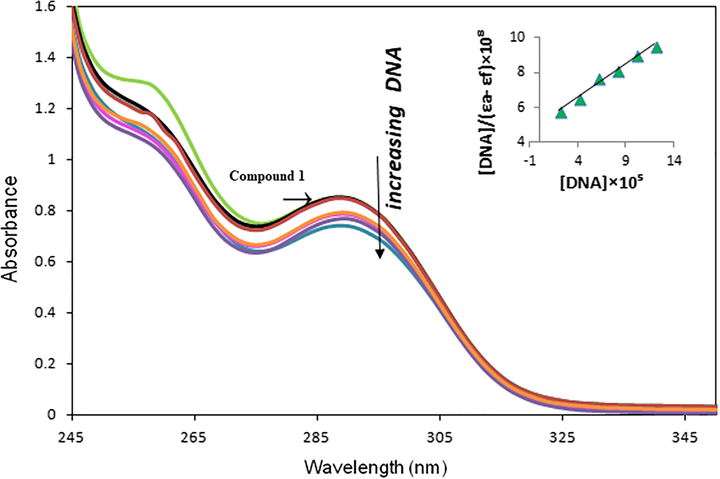 UV–Vis absorption spectra of compound 1 (80 µM) upon the titration of dsDNA (20–120 µM) in Tris-HCl buffer. The arrow shows the decreases in absorbance with respect to an increase in dsDNA concentration. The maximum wavelength of compound 1 (λmax = 288 nm) has not shifted. The inset shows the linear fit of [DNA]/(εa − εf) vs. [DNA], and the binding constant (Kb) was calculated using this linearity.