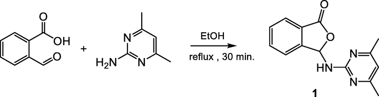 Synthesis of 3-((4,6-dimethylpyrimidin-2-yl)amino)isobenzofuran-1(3H)-one (1).