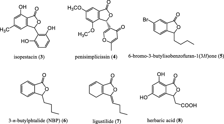 3-substituted phthalides having antifungal and antioxidant (3), antiproliferative (4), antiplatelet (5, 6), antinociceptive and anti-inflammatory (7), antibacterial (8) activities.