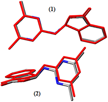 Superimposition of gas phase optimized and experimental geometry (red) of compound 1.