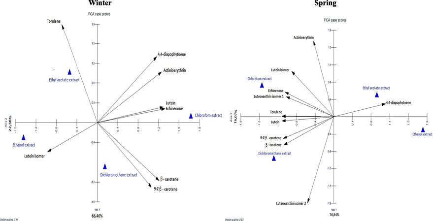 Principal Component Analysis PCA for quantitative of carotenoid composition of different extracts from C. althaeoides L. leaves from winter and spring collects.