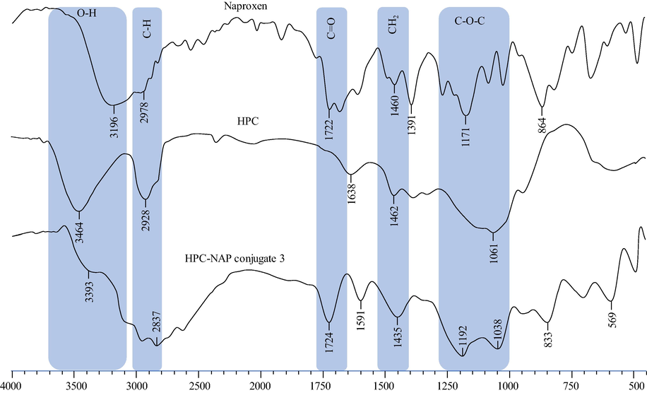 FTIR spectra of naproxen, HPC and HPC-NAP conjugate 3.