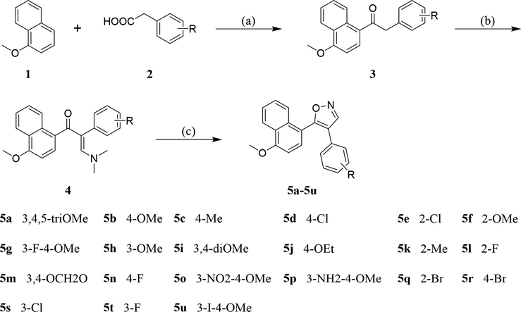 Reagents and conditions: Reagents and conditions: (a) TFAA, TFA, room temperature, 12 h; (b) DMF-DMA, 80 °C, 24 h; (c) HONH2·HCl, Na2CO3, AcOH, MeOH/H2O, 70 °C, 24 h.