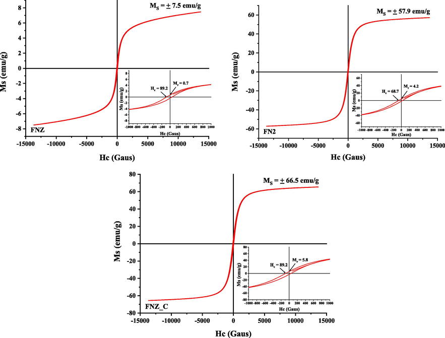 Hysteresis parameters based on the M × H hysteresis magnetic curve and their respective magnifications to determine the Mr (remnant magnetization) and Hc (coercive field) of the FNZ, FNZR2 and FNZ_C samples.