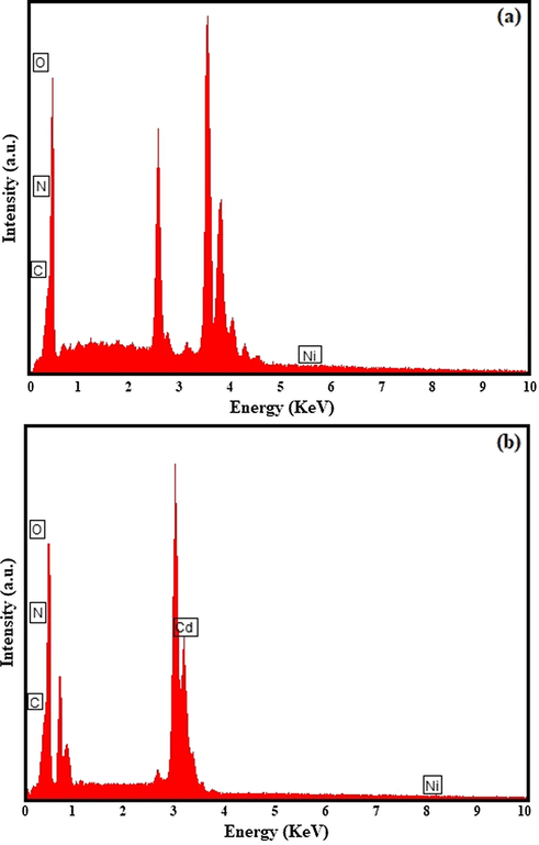 The EDS spectra of the (a) NiO/g-C3N4 and (b) NiO/Cd/g-C3N4 (0.1%) nanocomposites.